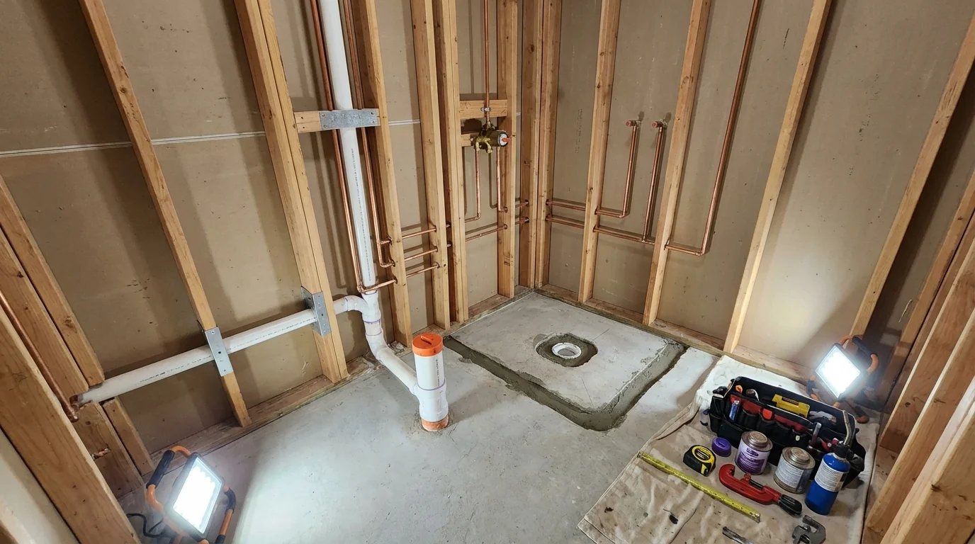 Bathroom rough-in plumbing during remodel by Johns Plumbing LLC in Del Norte