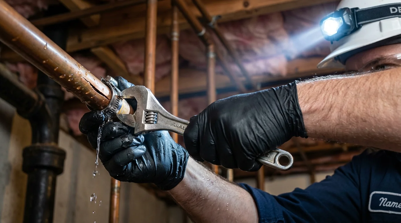 Emergency pipe clamp repair being performed by a Johns Plumbing LLC plumber in Del Norte
