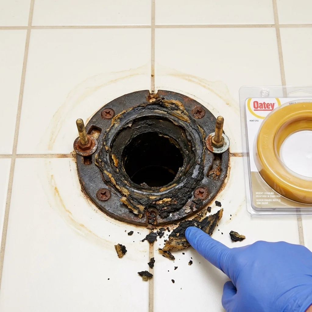 Failed wax ring showing water seepage at the base of a toilet in a Del Norte, CO home