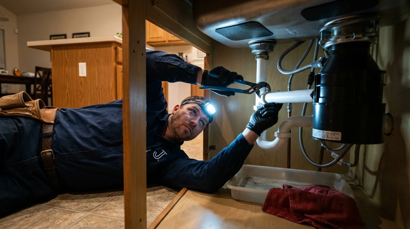 P-trap and supply line connections under a kitchen sink showing a common leak point in Del Norte, CO